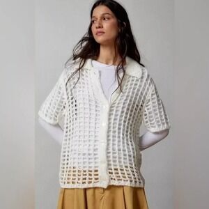 BDG Urban Outfitters Osaka Open-Knit Polo Sweater Top White Crochet Cardigan S
